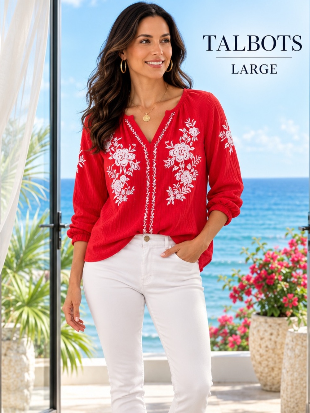 Talbots Large Hibiscus Red Embroidered Peasant Blouse 100% Cotton Boho